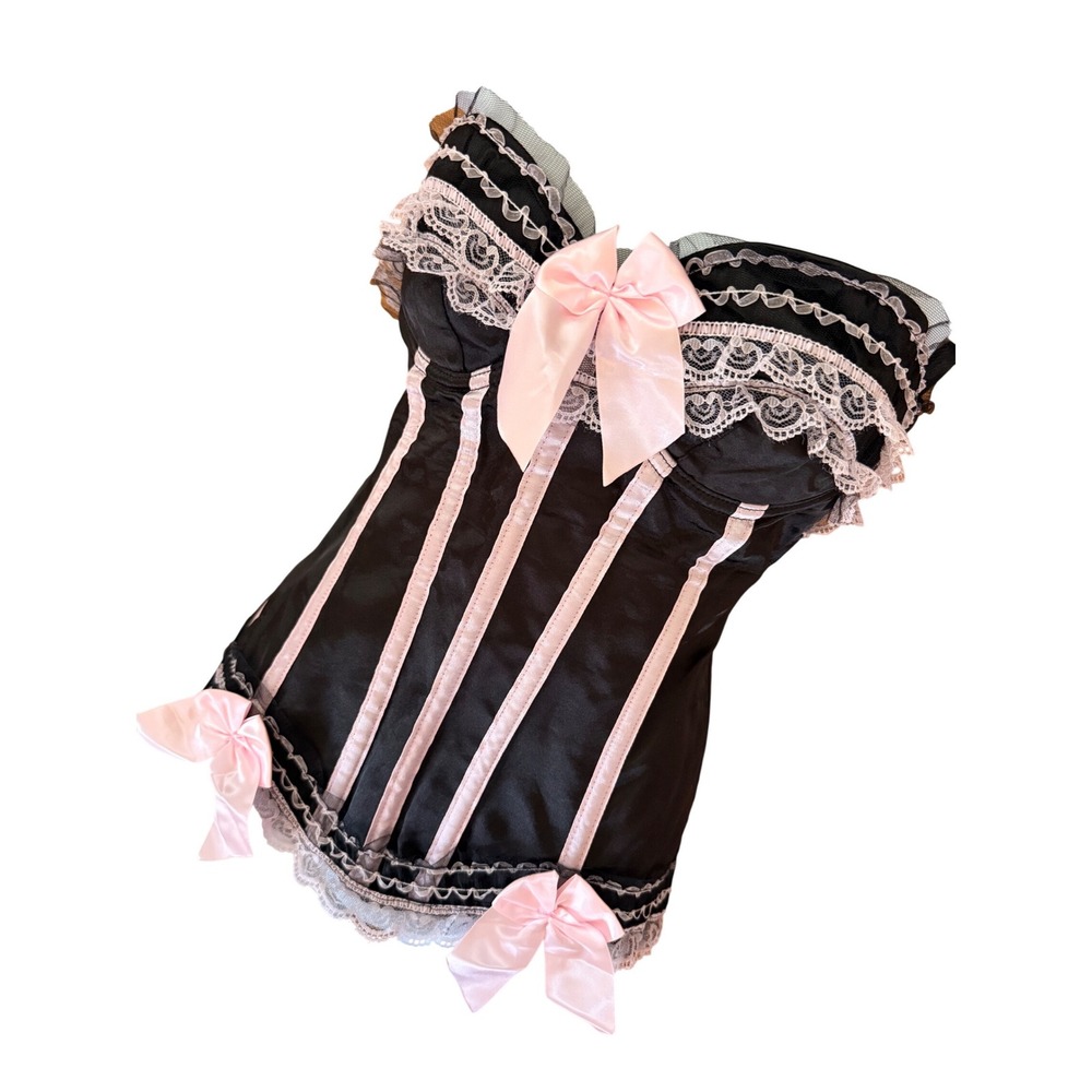 Y2K sexy Black & Pink Lace Trim Corset Top Bows Coquette Lingerie